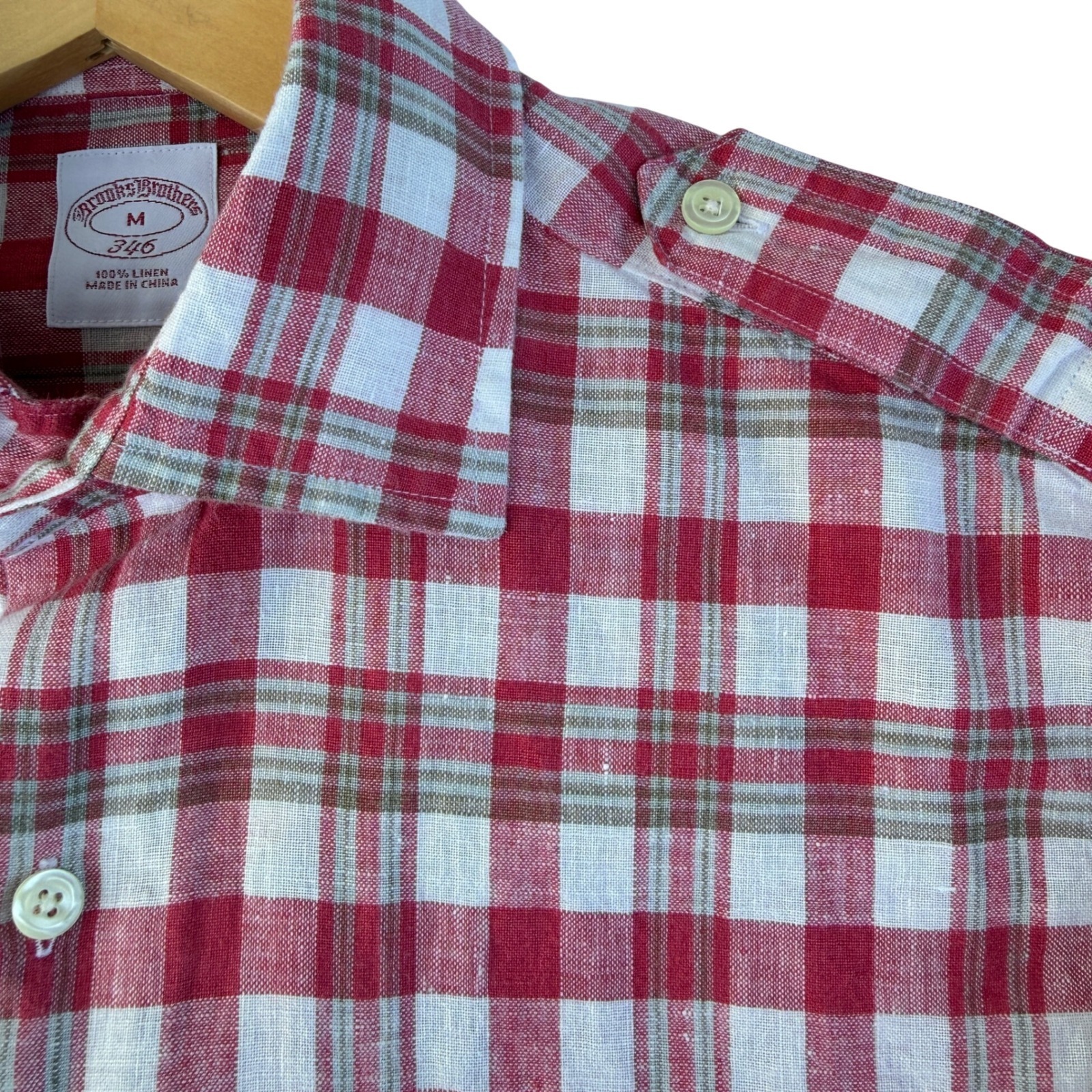 Brooks Brothers 346 Mens Medium Linen Button Up Shirt Red Gingham Classic Preppy